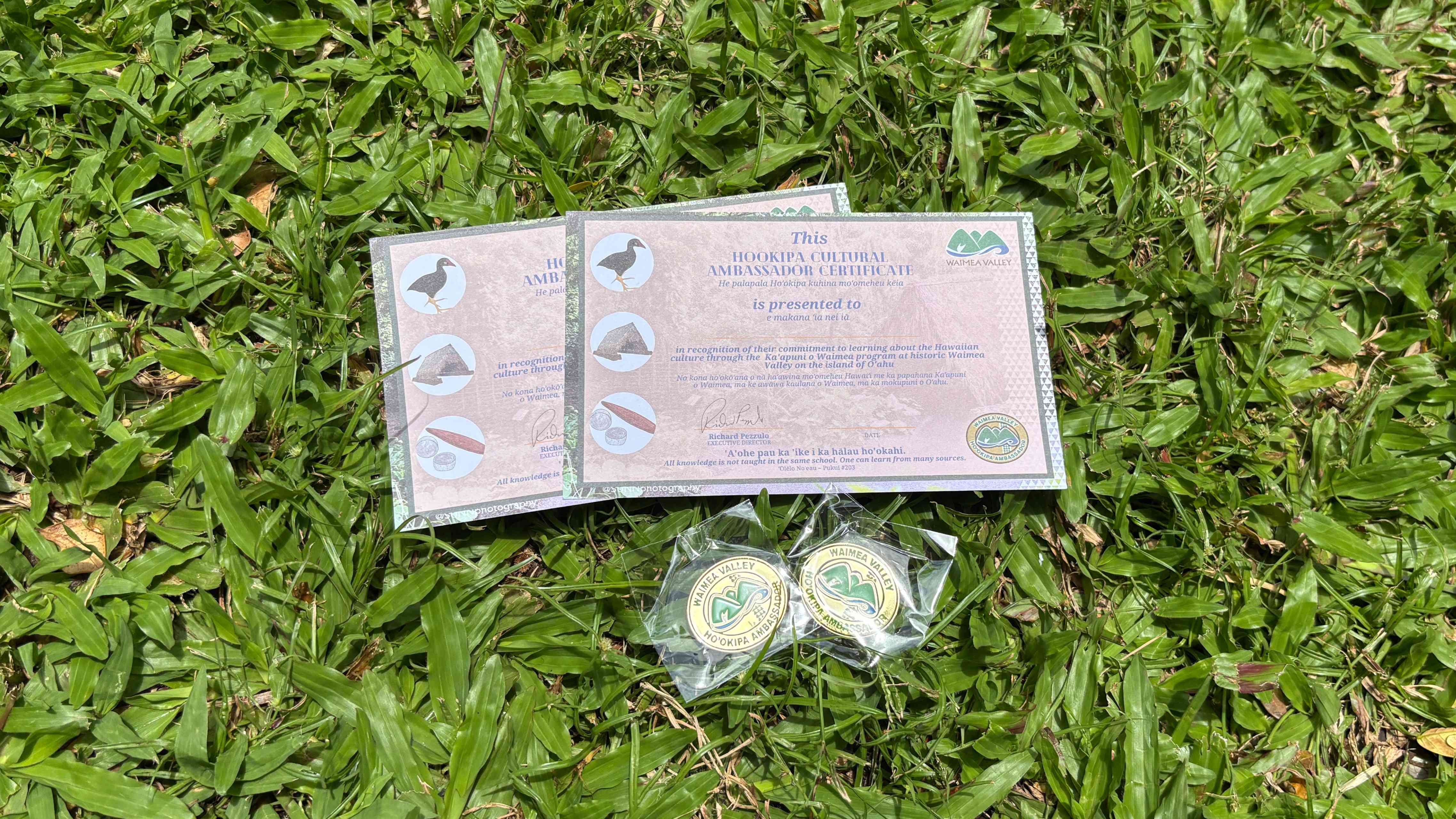 Ho‘okipa Cultural Ambassador Certificate and collectible pin awarded at Waimea Valley