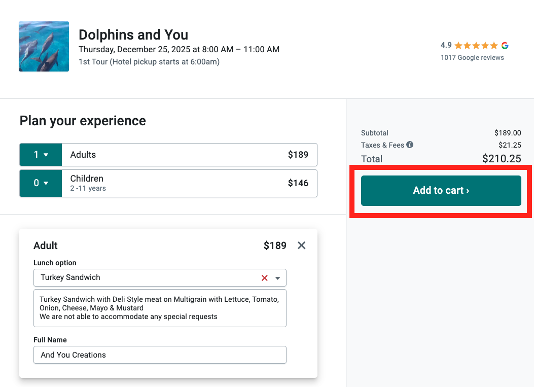 Select your date, time, and number of guests and click "Add to cart"