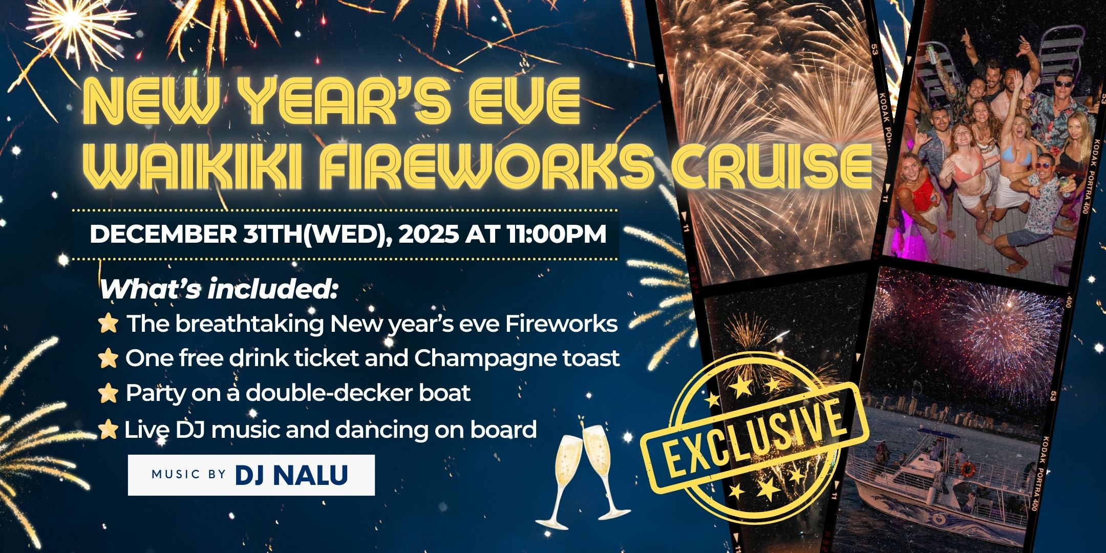 Waikiki New Year’s Eve Party Cruise 2026 – Countdown, Champagne Toast & Fireworks